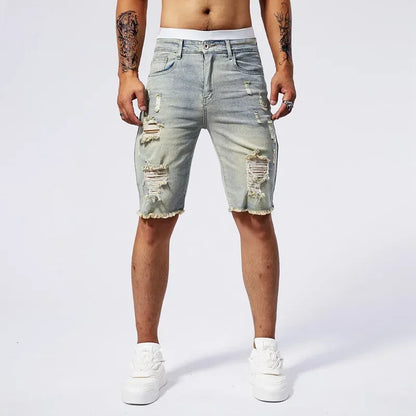 Men Stretch Light Blue Ripped Denim Shorts