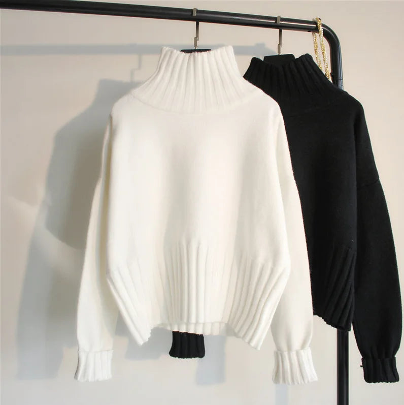 2025 Women S Turtleneck Knitted Sweater Solid Color Full Sleeve Thick Splice Jumper Casual Autumn Winter Pullover