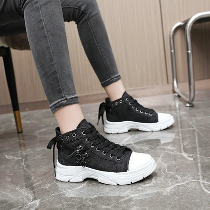 Womens High Top Denim Sneakers Skull Metal Decor Vintage Casual Shoes