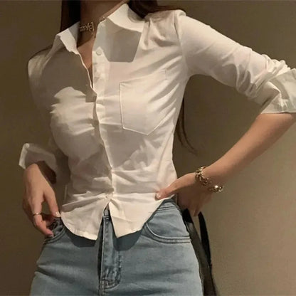 2024 Spring Office Lady White Shirt Korean Style Slim Button Up Work Blouse For Women