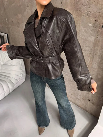 Lapel Collar Crop Leather Jackets