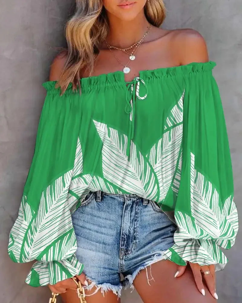 Off Shoulders Sleeveless Abstract Printed Women Blouse