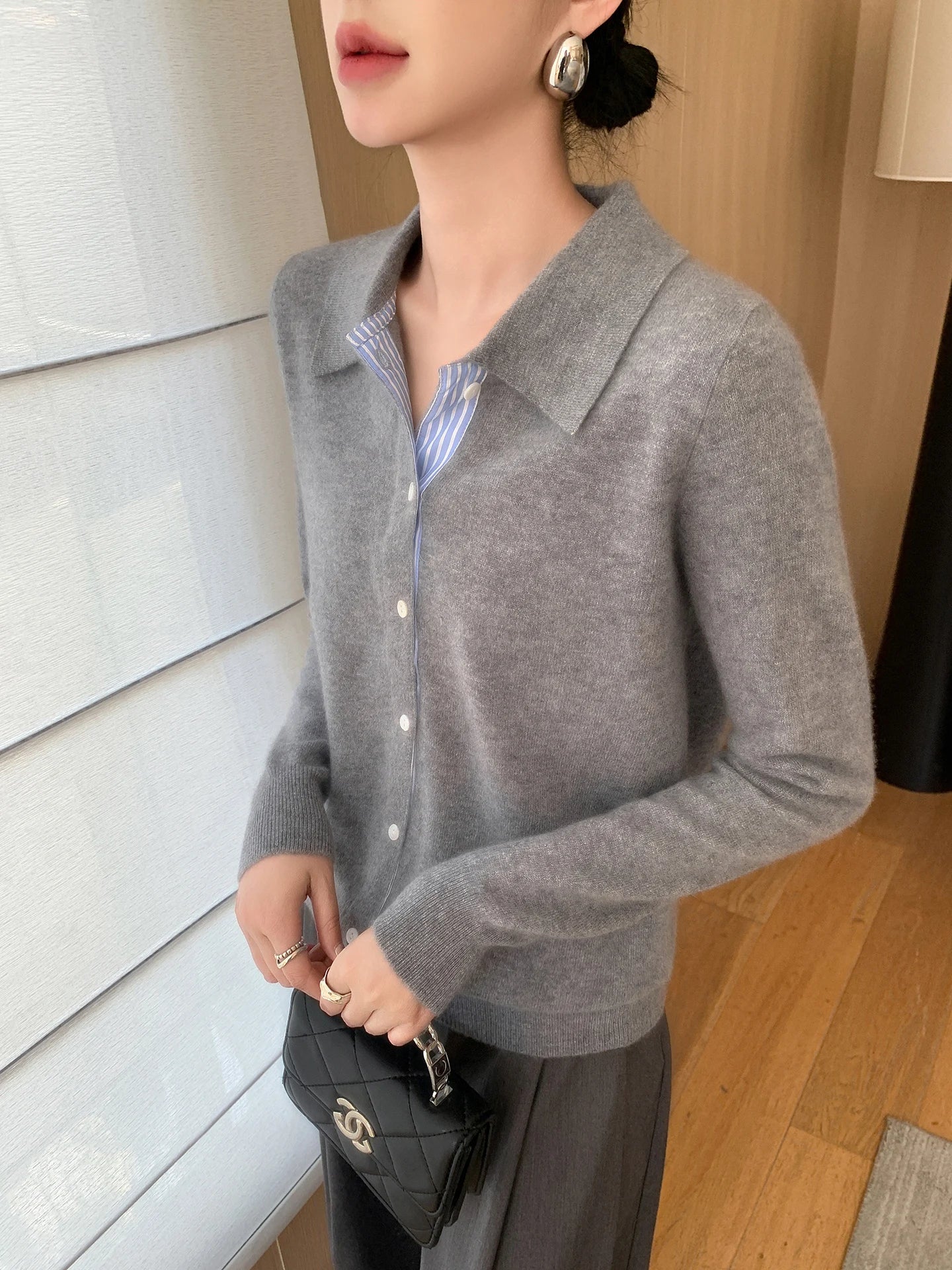 Casual Preppy Look - The Grey Collared Knit Cardigan