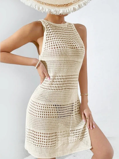 Chic Cream Crochet Knit Beach Dress Aesthetic