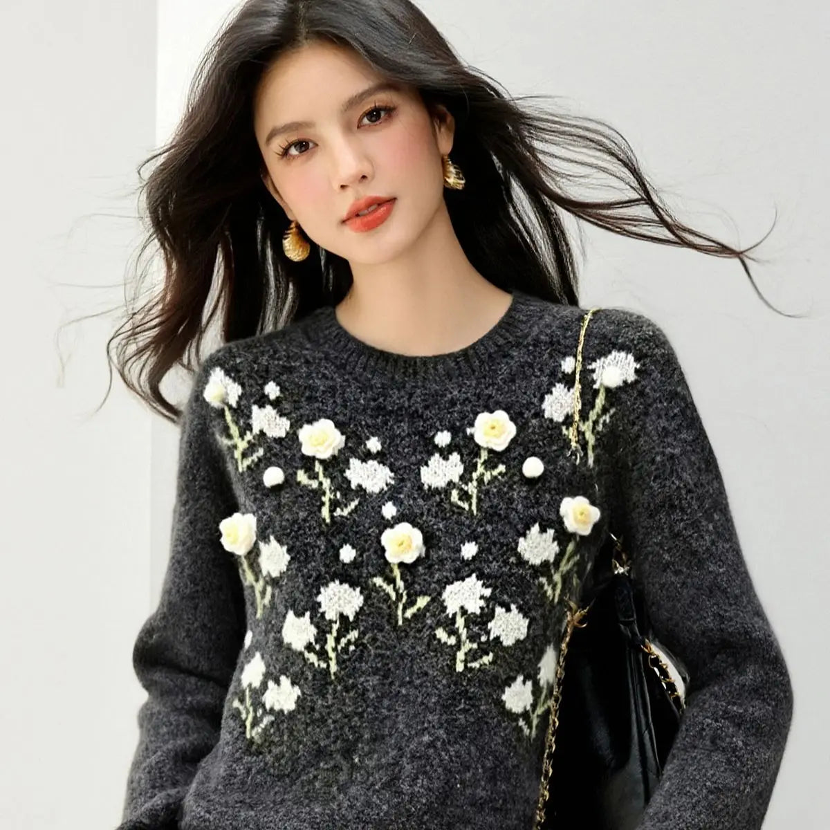 Womens Korean Style Daisy Flower Printed Knitted Winter Sweater