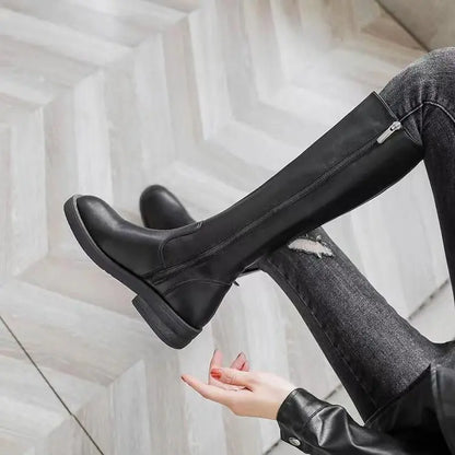 Women’s Mid-Calf Winter Boots – Elegant British Style Patent Leather Low Square Heel Footwear