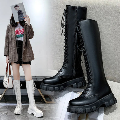 Women’s High Ankle Boots 2025 – Lace-Up PU Leather Platform-Free Casual Winter Autumn Shoes