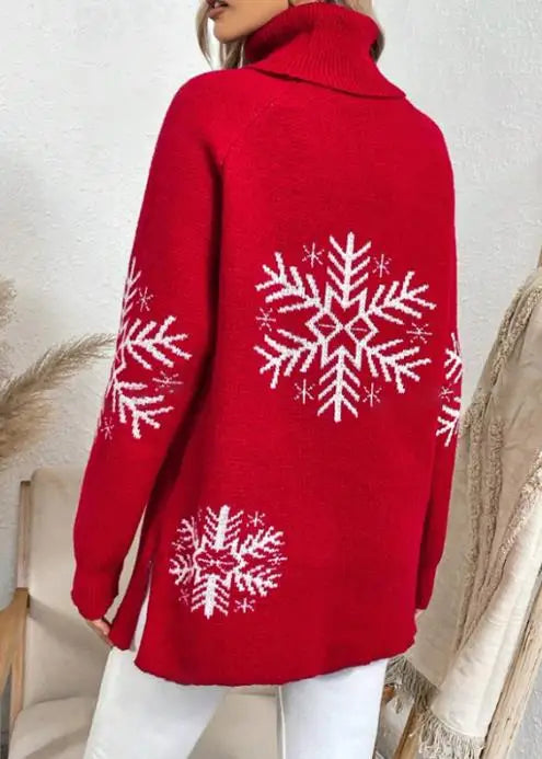 Womens Turtleneck Snowflake Knit Sweater Autumn Winter Style