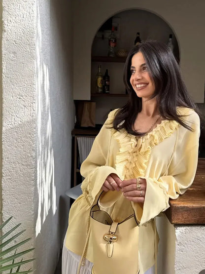 2025 Summer Fashion Vintage Womens Solid Ruffle Blouse Casual Sweet Elegant Top For Youth