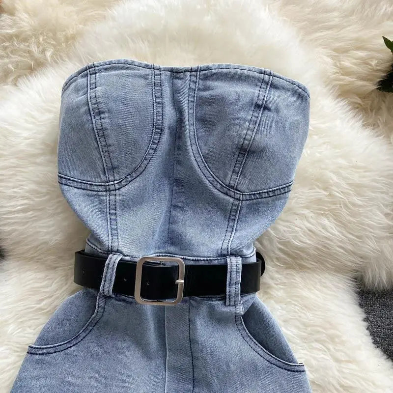Off Shoulder Denim Romper for Women – Vintage Wide Leg Summer Jumpsuit 2026