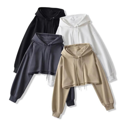 2025 Women S Short Hoodie Solid Sweatshirt Crop Top Korean Harajuku Fashion