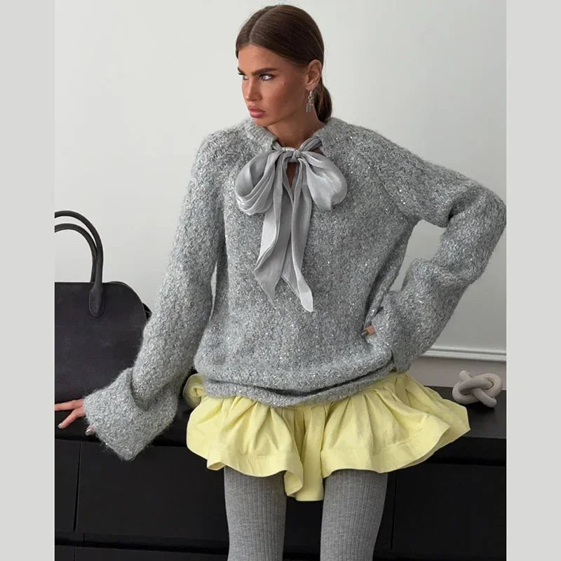 Chic Oversized Bow Knit Sweater For Women Loose V Neck Pullover With Flare Sleeves Autumn Winter Casual Lady Sweater