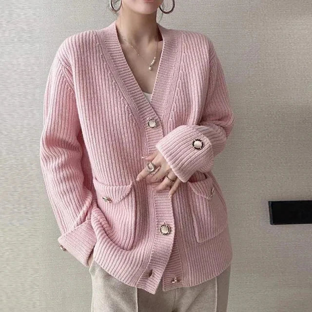 Casual Button Pocket Knitted Cardigan, Autumn Winter Korean Fashion, Women Tops Loose Knit Coat, Sweater Outerwear Clothing