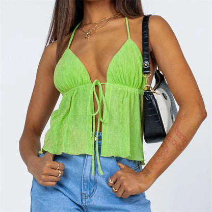 Y2k Tie Up Square Neck Sleeveless Crop Top Lace Trim Milkmaid Shirt Cute Coquette Summer Fashion