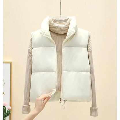 Fall Winter Womens Fashion Cropped Vest Coat Black Stand Collar Zipper Waistcoat Stylish Casual Outerwear For Ladies