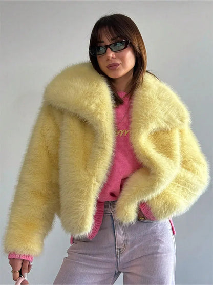 Elegant Womens Faux Fur Jacket Turn Down Collar Loose Fit Casual Long Sleeve Winter Coat For Warmth