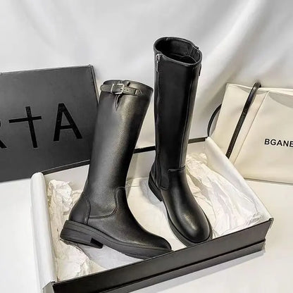 Women’s Mid-Calf Winter Boots – Elegant British Style Patent Leather Low Square Heel Footwear