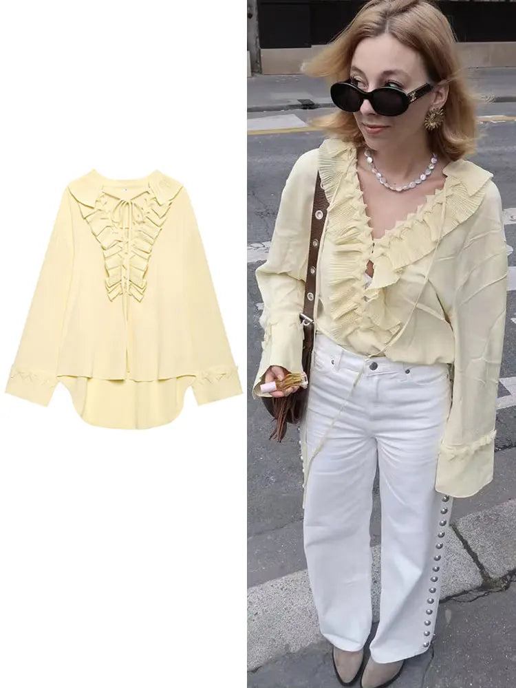 2025 Summer Fashion Vintage Womens Solid Ruffle Blouse Casual Sweet Elegant Top For Youth
