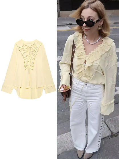 2025 Summer Fashion Vintage Womens Solid Ruffle Blouse Casual Sweet Elegant Top For Youth
