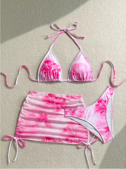 Hibiscus Print Orange and White Bikini with Mesh Skirt Aesthetic