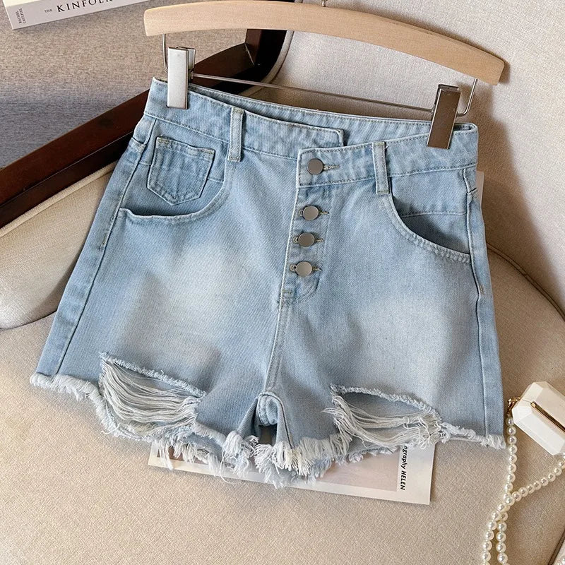 Effortless Summer Styling: Distressed High-Waist Button-Fly Denim Shorts