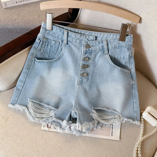 Effortless Summer Styling: Distressed High-Waist Button-Fly Denim Shorts