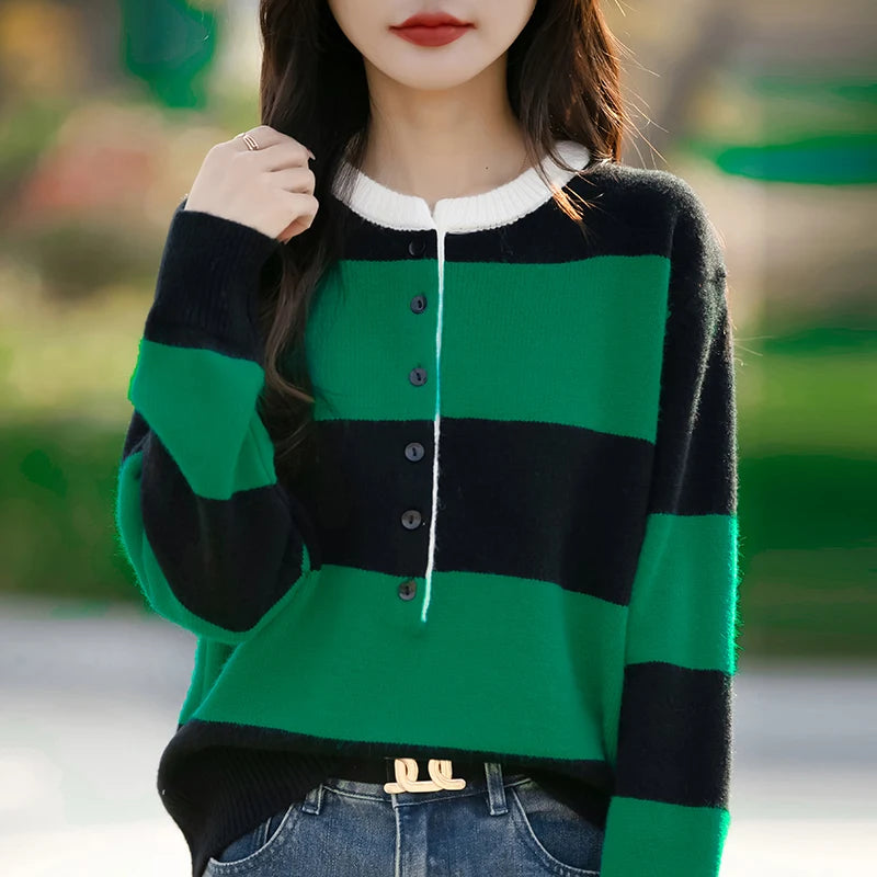 2024 Autumn Winter Womens Striped O Neck Sweater O Neck Long Sleeves Oversized Fit