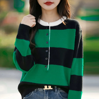 2024 Autumn Winter Womens Striped O Neck Sweater O Neck Long Sleeves Oversized Fit