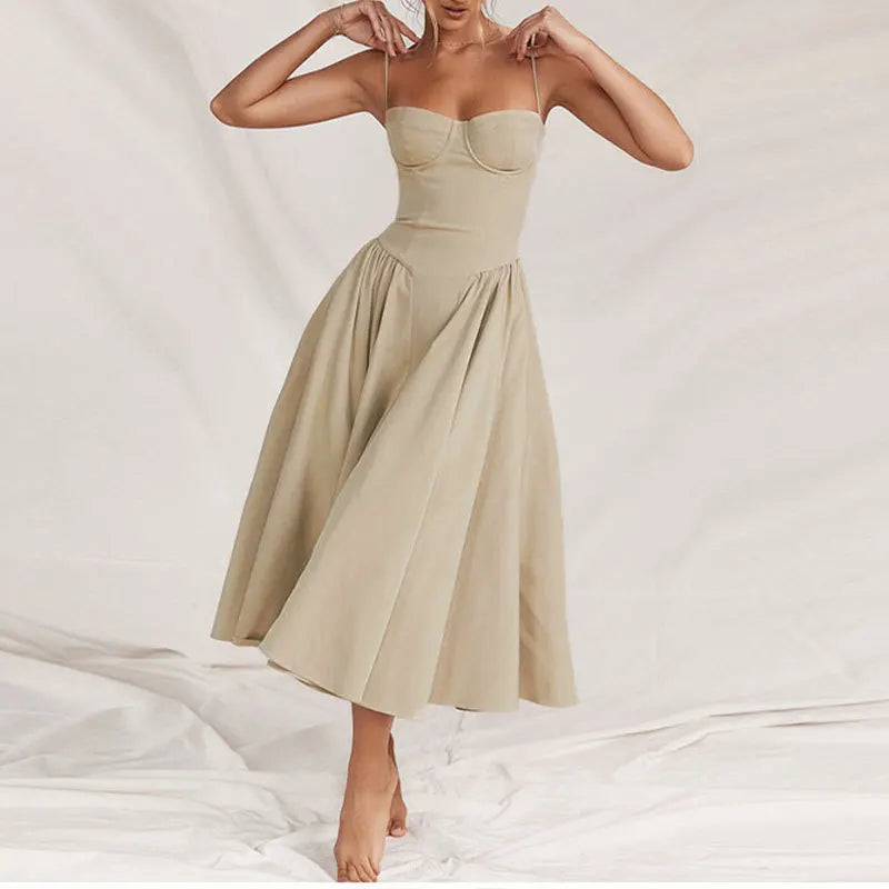 Old Money Aesthetic - Elegant Neutral Corset Midi Dress