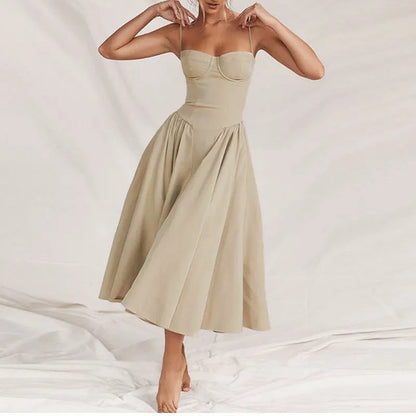 Old Money Aesthetic - Elegant Neutral Corset Midi Dress