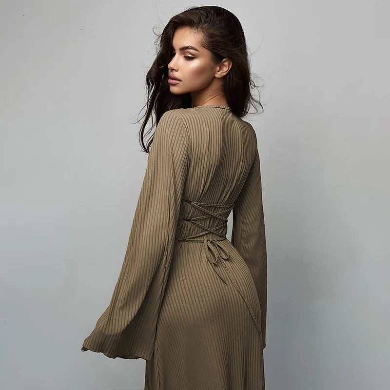 Quiet Luxury Aesthetic - Elegant Ribbed Bell Sleeve Maxi Dress