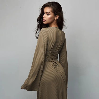 Quiet Luxury Aesthetic - Elegant Ribbed Bell Sleeve Maxi Dress