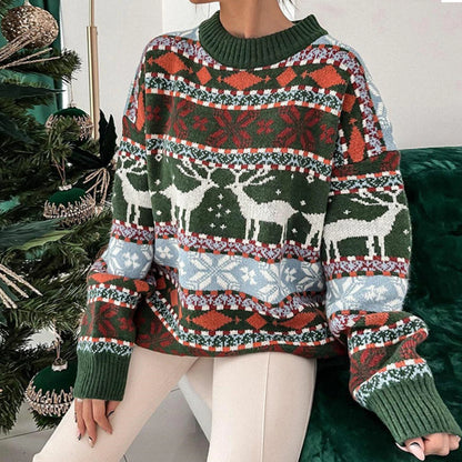 Y2K Style Women’s Christmas Sweater – Oversized O-Neck Knitwear, Full Sleeve Jacquard Pullover for Xmas Look