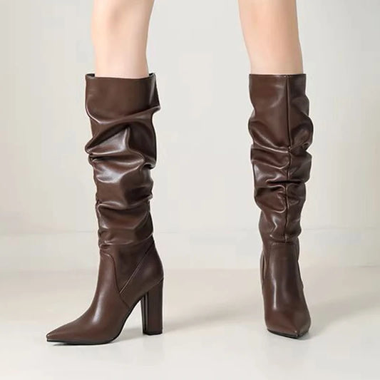 New Fashion Women Winter Knee Boots Chunky Heels Pointed Toe Pretty Green Party Shoes