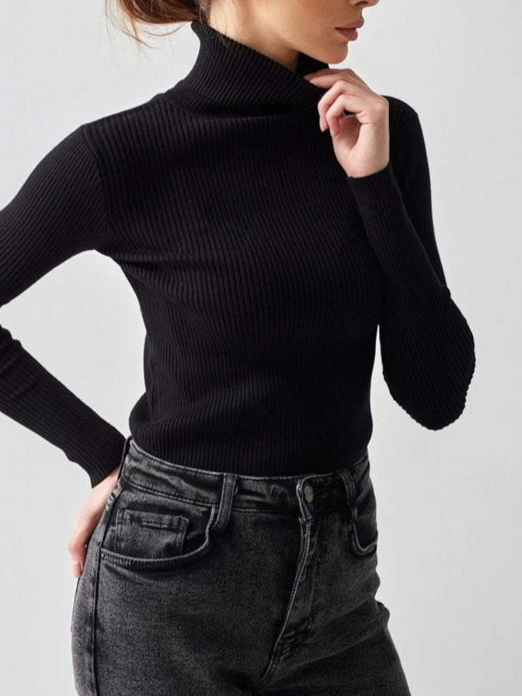 2025 Autumn Winter Women S Thick Ribbed Knitted Turtleneck Sweater Slim Fit Long Sleeve Pullover Soft Warm