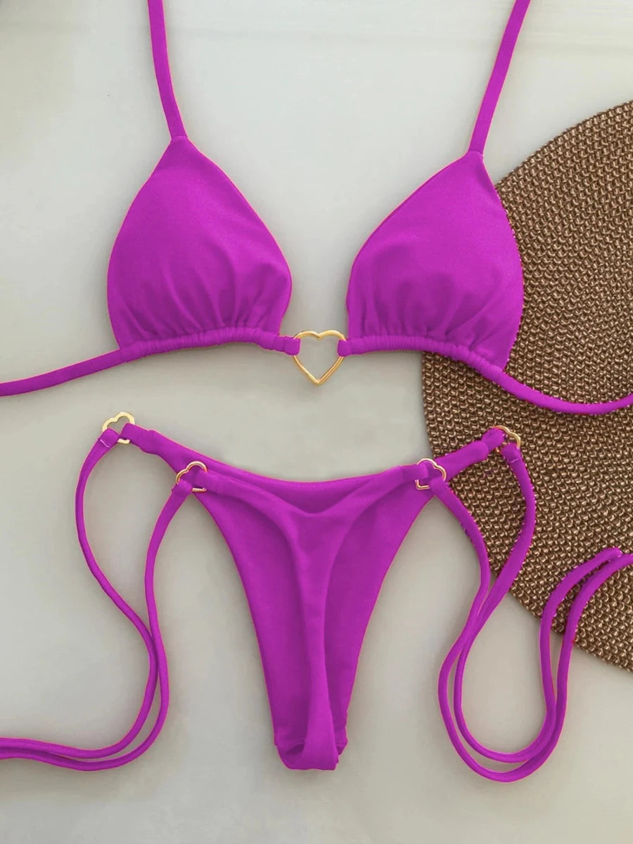 Black Gold Heart Detail String Bikini Aesthetic