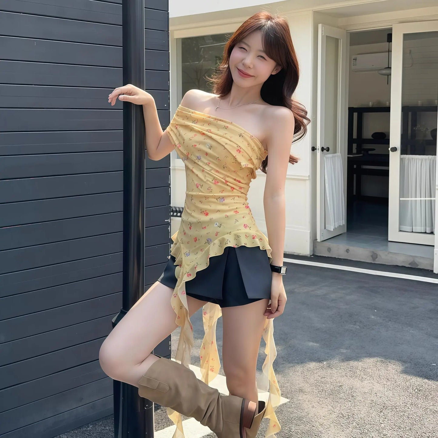 Big Flower Ruffle Design Chic Asymmetric Tops