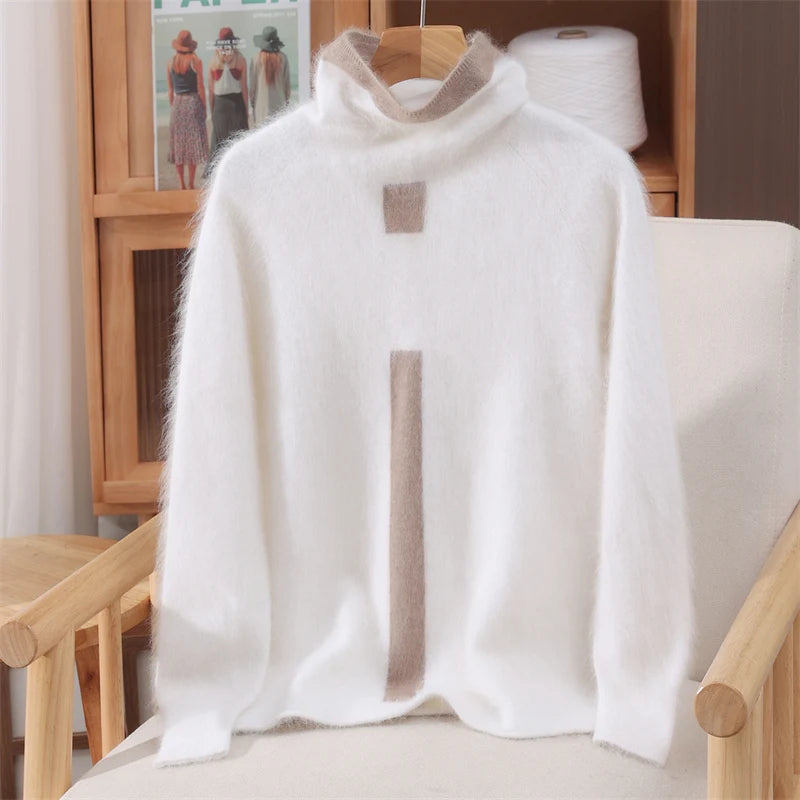 2025 Winter Korean Knit Sweater Half High Collar Loose Pullover Imitation Mink Velvet Embroidered Warm Top For Women