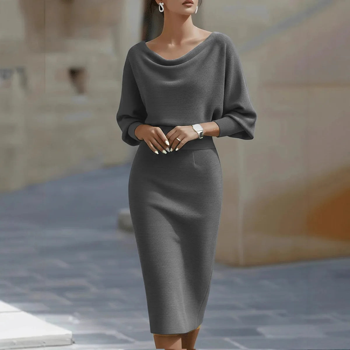 Chic High Waist Office Midi Dress – Elegant 3/4 Sleeve Spring Work Dress