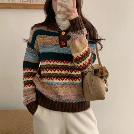 Womens Bohemian Crochet Knit Sweater Loose Round Neck Pullover With Long Sleeves