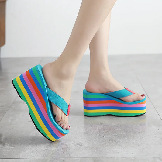 Women Rainbow Slippers High Heels Flip Flop Wedge Slippers Summer 10cm Heels Platform Slippers Flip Flops Womens Slides
