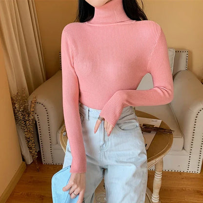 2025 Autumn Winter Women S Thick Ribbed Knitted Turtleneck Sweater Slim Fit Long Sleeve Pullover Soft Warm