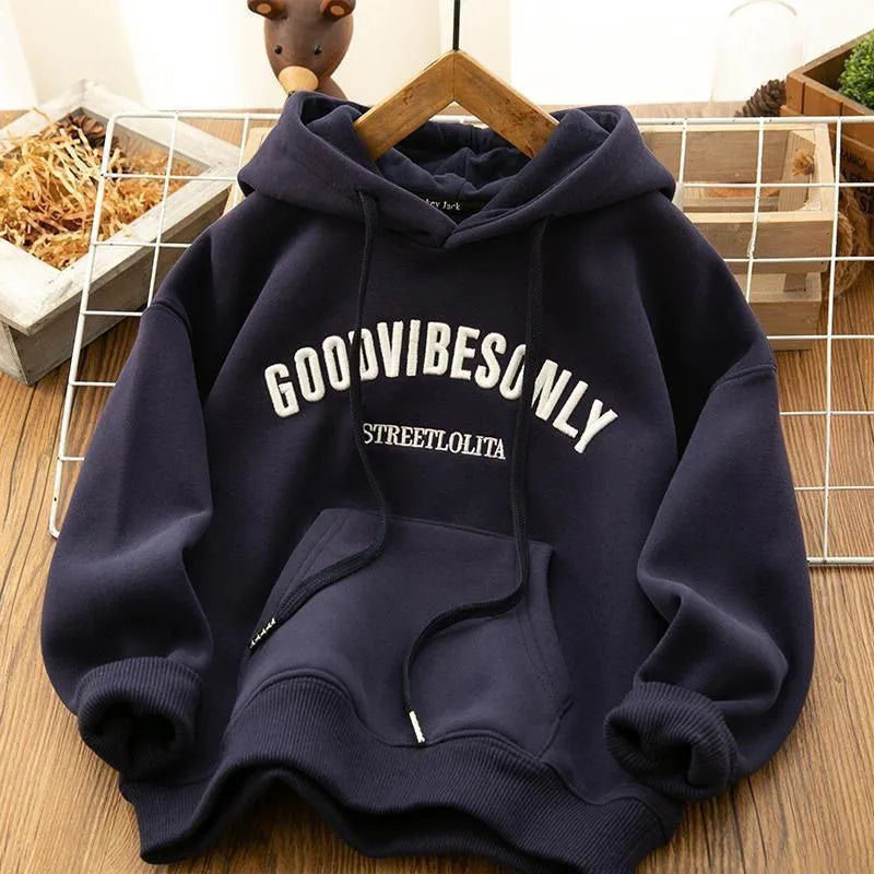 Womens Thick Warm Harajuku Hoodie Letter Print Velvet Sweatshirt With Pockets