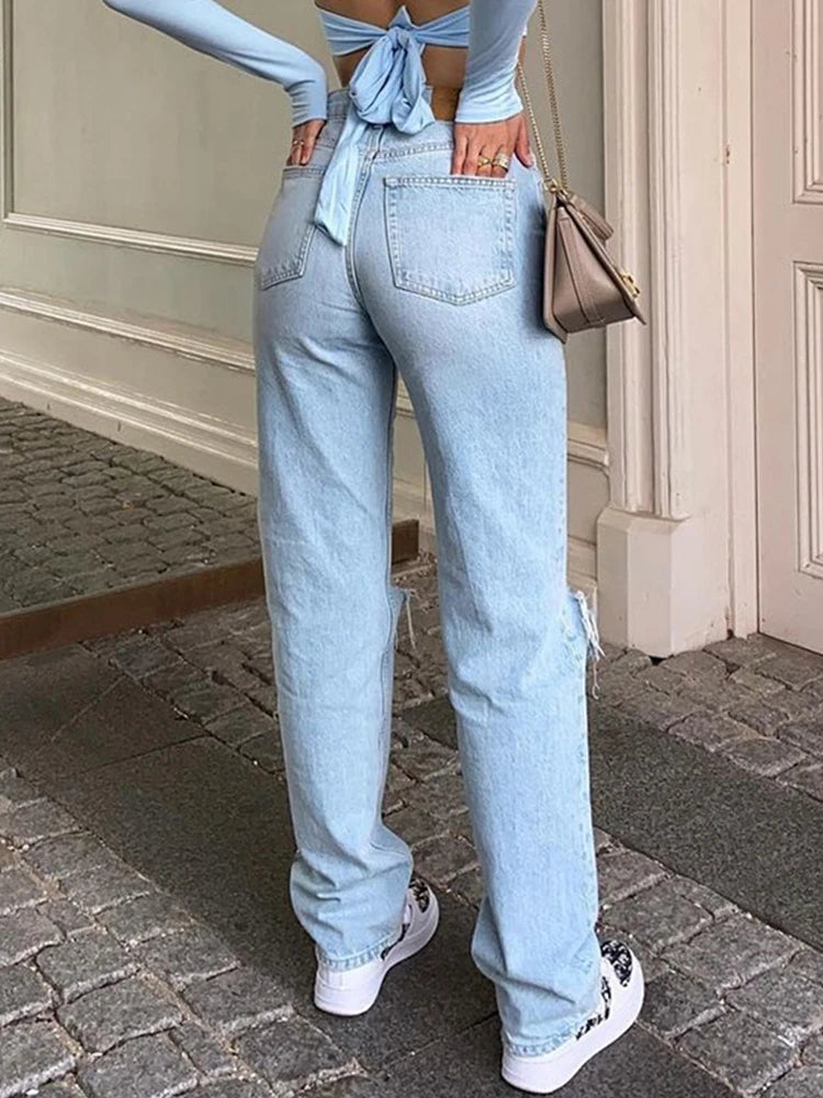 Light Blue Knee Ripped Full Length Women Jeans