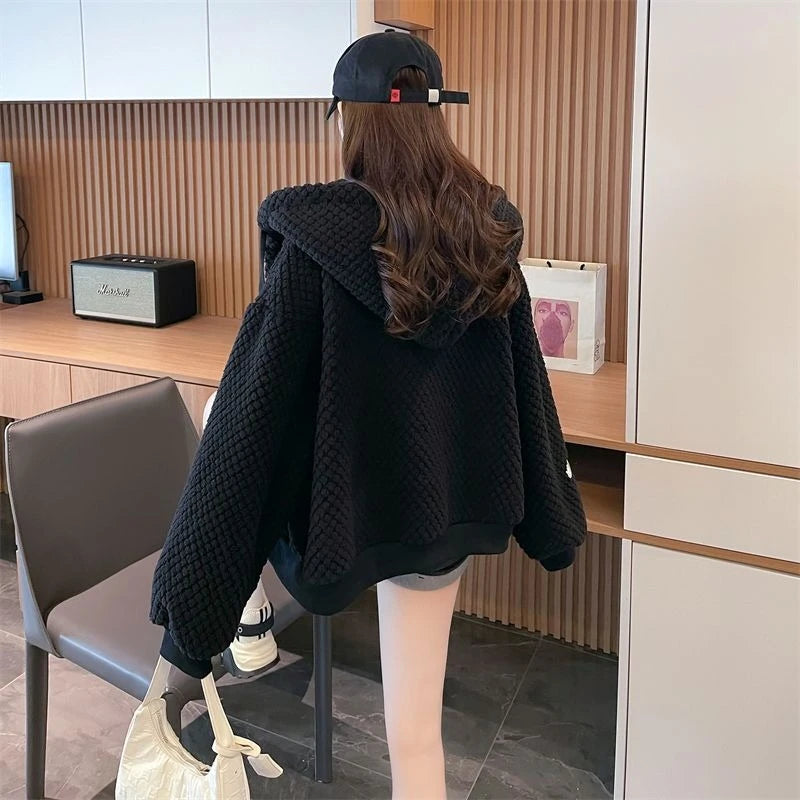 Embroidered Sheep Hooded Sweatshirt Autumn Winter Imitation Lamb Wool Plush Hoodie For Women
