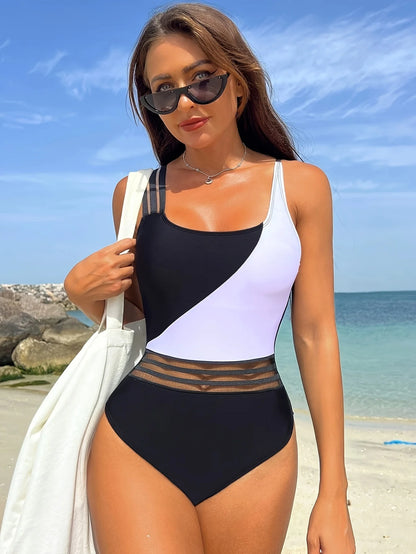 Chic Color Block One Piece Swimsuit with Mesh Details Aesthetic