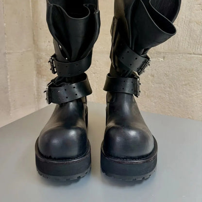 Womens Knee High Buckle Strap Boots Retro Pu Leather Rivet Thick Heel Motorcycle Boots