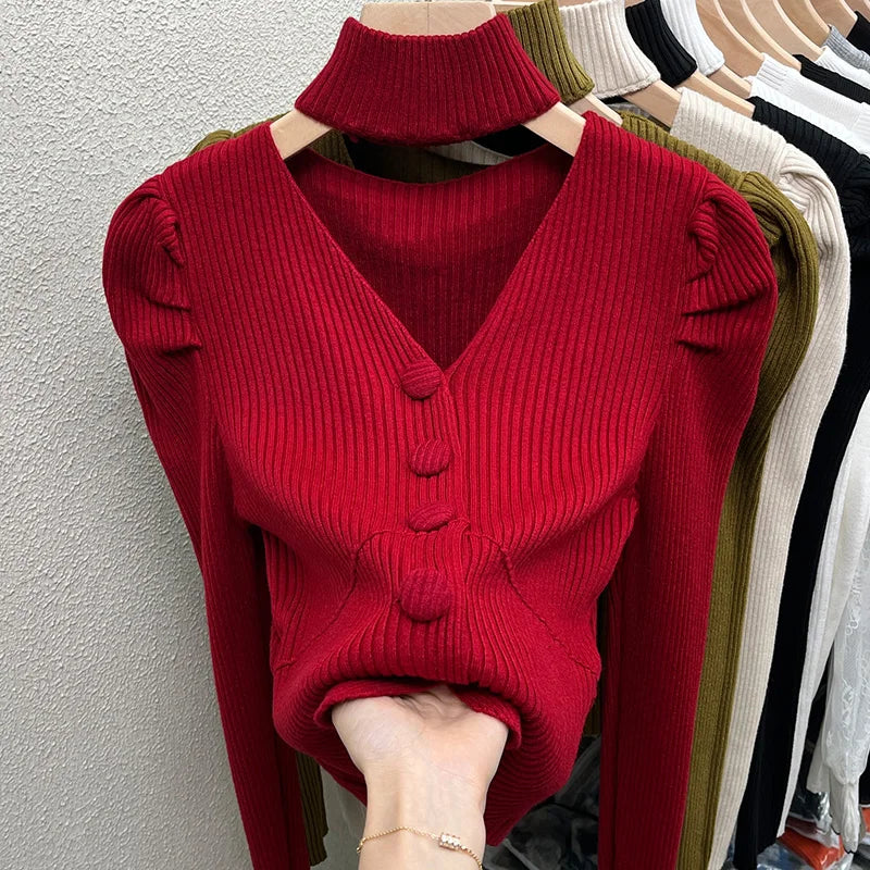 Womens French Style Off The Shoulder Red Sweater Autumn Winter Base Layer Niche Stylish Innerknit Top