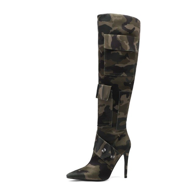 Women's Camouflage Thin High Heel Knee High Boots