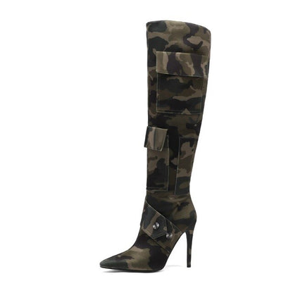 2025 Camouflage Thigh High Boots – Pointed Toe, High Heels & Pocket Detail